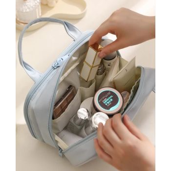Blue Premium PU Leather Portable Makeup Bag - Large Capacity Waterproof Travel Cosmetic Organizer(Cosmetics are shooting props, not included)
