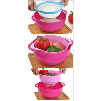 Pink 8-Piece Baking Tool Set - Measuring Cups, Spoons, Rainbow Mixing Bowls, Vegetable Washing Basket, and Flour Sifter