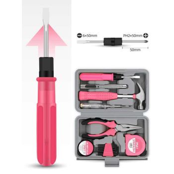 13-Piece Pink Household Tool Set, Complete Home Repair Kit with Tape Measure, Screwdrivers, Hammer, and Pliers