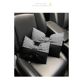 1 Pair (Headrest + Pillow) White Cute Bowtie Car Headrest Pillow and Waist Cushion Set, Stylish Houndstooth Design, Soft Neck and Back Support for Car Interior