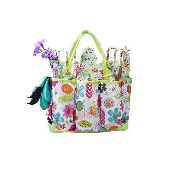 Green 9-Piece Floral Garden Tool Set for Women – Complete Gardening Kit with Tote Bag, Pruners, and Gloves