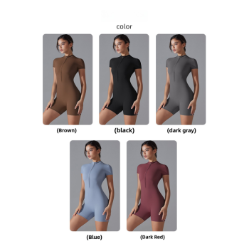Dark Grey Size XL Women's Summer Zip-Up Bodysuit - Short Sleeve, High Stretch Yoga & Dance Outfit, Breathable Fitness Wear
