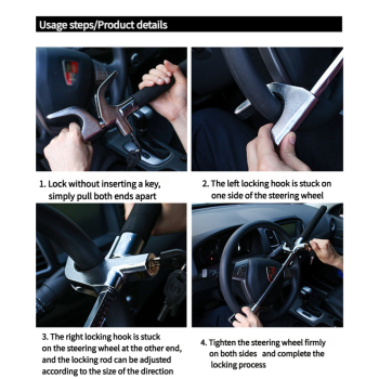 Black Multifunctional Car Steering Wheel Lock - Adjustable and Telescopic Anti-theft & Window Breaker Safety Tool