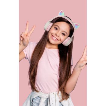 Adorable Cat Ear Wireless Headphones - Bluetooth 5.0, Foldable Design, Glowing RGB LED Lights - Cute Light Blue Headset