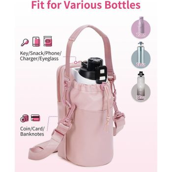 Black Stylish Water Bottle Carrier Bag with Phone Pocket, Key Clip & Adjustable Strap - Crossbody Sling Holder