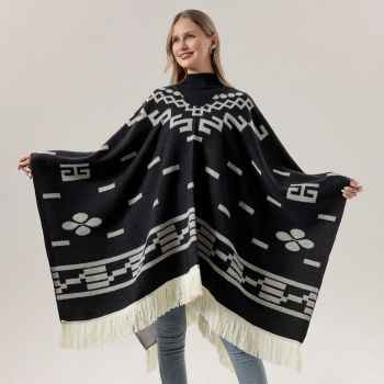 Red Women's Versatile Faux Cashmere Poncho Cape Shawl with Geometric Pattern & Fringe Trim - One Size