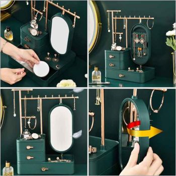 Elegant Cream Color Jewelry Organizer with Mirror - Multi-Layer Storage & Display Stand (25x15x37.5cm)