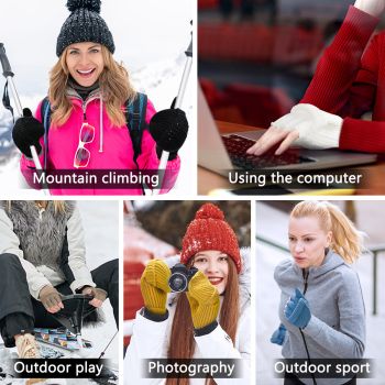 Black Winter Convertible Mittens - Warm Knitted 2-in-1 Fingerless Gloves with Flip Top Cover for Cold Weather