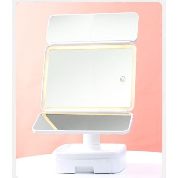 Elegant Tri-Fold Shell LED Vanity Mirror - Smart Makeup Gift with Storage & Illumination