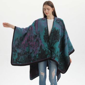 Palace Classical Lime Green Elegant Autumn Winter Shawl - Artistic Split-Design Knit Cloak with Oil Painting Style