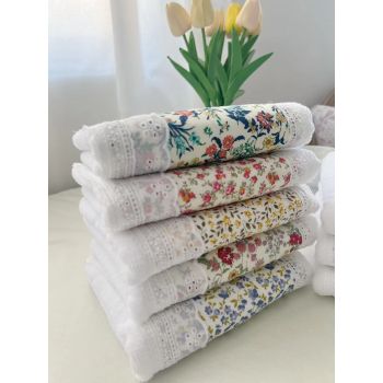 2 PCS Green Small Flower 100% Cotton Solid Color Thickened Adult Face Towel with Floral Soft Texture - 35 x 75cm