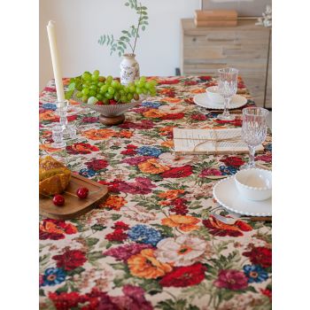 Floral Cotton Linen Tablecloth | Vintage Style Country Garden Design, 90*140cm