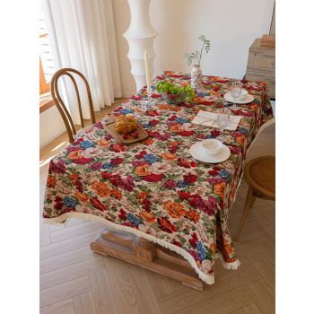 Floral Cotton Linen Tablecloth | Vintage Style Country Garden Design, 100*160cm