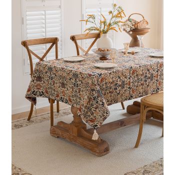 Floral Vintage Bird Tassel Tablecloth | Vintage Cotton and Linen Jacquard Tablecloth, 120*160cm