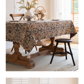 Floral Vintage Bird Tassel Tablecloth | Vintage Cotton and Linen Jacquard Tablecloth, 140*180cm