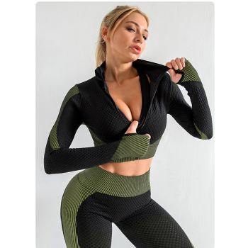 Army Green High Waist Yoga Set for Women-Sports Bra, Long Sleeve Shirt & Leggings 3-Piece Workout Set Size XL