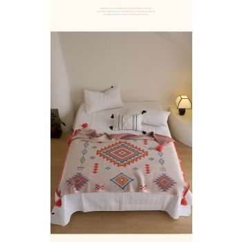 Orange Bohemian Geometric Tassel Throw Blanket – Soft Cotton Blend for Bedroom, Living Room, and Sofa 110x130cm