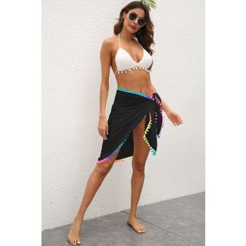 Black Summer Sun Protection Sarong - Women's Beach Cover-Up with Tassels 68x163cm