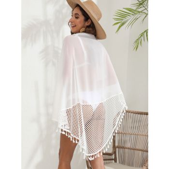 White Women's Mesh Detail Beach Wrap - Tassel Trim Swim Cover-Up 95x195cm
