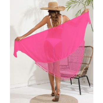 Rose red Women's Mesh Detail Beach Wrap - Tassel Trim Swim Cover-Up 95x195cm