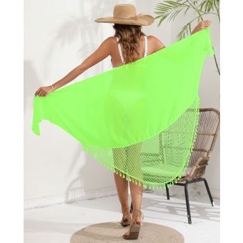 Fluorescent green Women's Mesh Detail Beach Wrap - Tassel Trim Swim Cover-Up 95x195cm