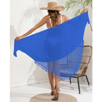 Blue Women's Mesh Detail Beach Wrap - Tassel Trim Swim Cover-Up 95x195cm