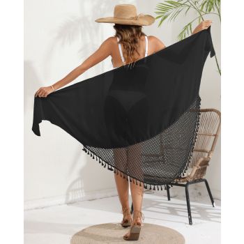 Black Women's Mesh Detail Beach Wrap - Tassel Trim Swim Cover-Up 95x195cm