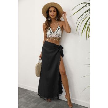 Black Lightweight Tassel Sarong - Sexy Beach Skirt Cover-Up 104x86cm