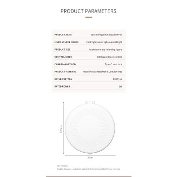 White Portable LED Makeup Mirror with Tricolor Lights - Rechargeable Folding Travel Mirror