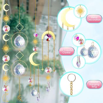 (Style 6) 4 pcs Crystal Wind Chimes-Sun Catcher Star Moon Dream Catcher for Window 34cm