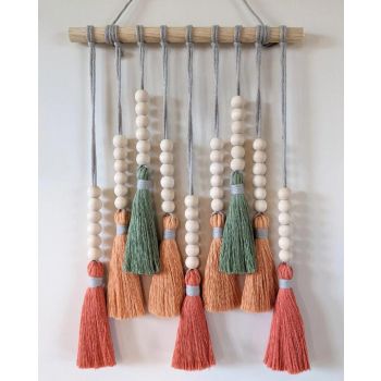 Colorful Tassel Wall Hanging-Wooden Beads Boho Tapestry Home Decor (Daylily red)