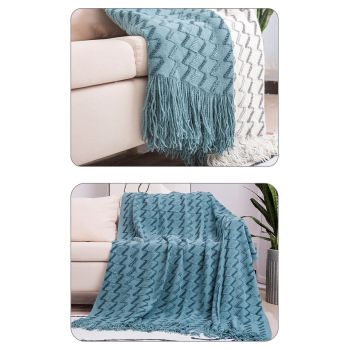 130*180CM White And Grey Modern Knitted Throw Blanket with Tassels - Soft & Lightweight for Sofa, Bed, and Office