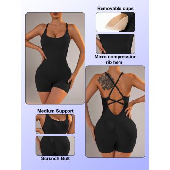 Size M Black Nylon Seamless Yoga Bodysuit - Women's Athletic Romper, Crisscross Back, Workout Jumpsuit