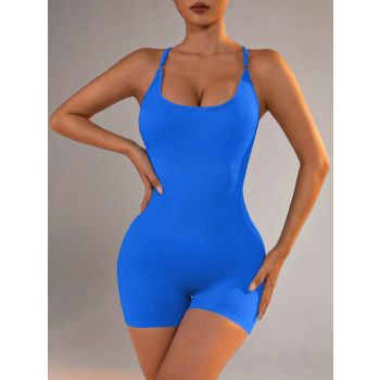 Size M Royal Blue Nylon Seamless Yoga Bodysuit - Women's Athletic Romper, Crisscross Back, Workout Jumpsuit