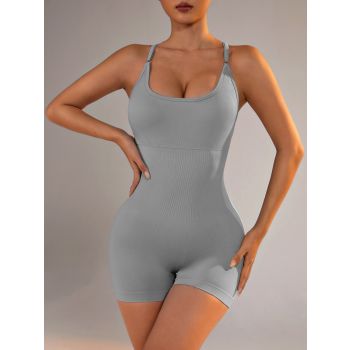 Size XS Light Grey Nylon Seamless Yoga Bodysuit - Women's Athletic Romper, Crisscross Back, Workout Jumpsuit