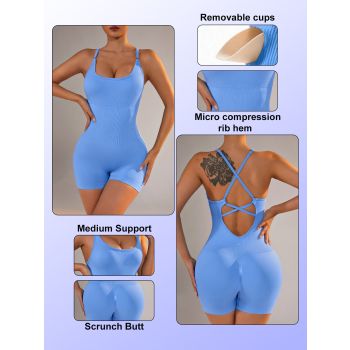 Size M Light Blue Nylon Seamless Yoga Bodysuit - Women's Athletic Romper, Crisscross Back, Workout Jumpsuit