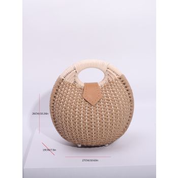 Beige Boho Circle Straw Bag - Stylish Woven Tote with Round Handles