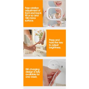 White LED Lighted Tri-Fold Makeup Mirror with Storage Drawer & Magnification(USB Charging Port)