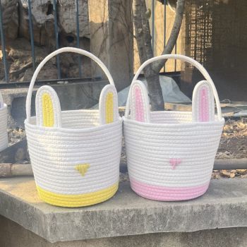 Purple And White Stitching Charming Easter Egg Tote Basket - Cute Rabbit-Themed Handwoven Cotton Rope Candy Holder