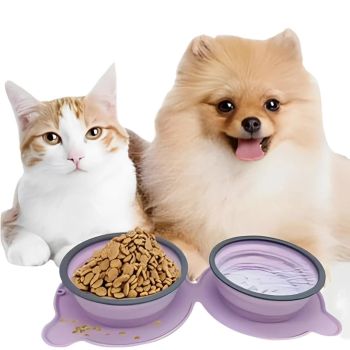 Dark Blue Portable Collapsible Pet Bowl Set - Food-Grade Silicone Double Bowl for Dogs & Cats, Anti-Slip & Easy to Clean
