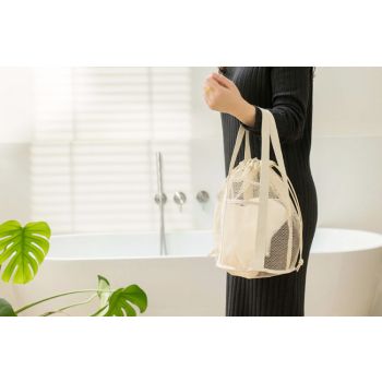 Green Lightweight Mesh Drawstring Beach Bag - Portable Travel Organizer for Toiletries and Essentials