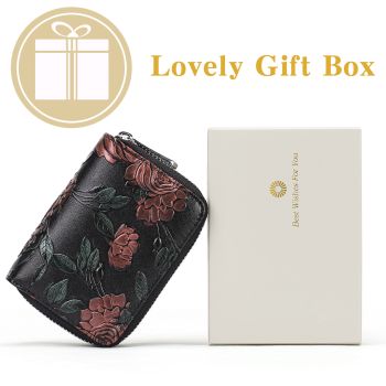 Black Background With Silver Roses Floral Embossed Genuine Leather Card Holder - Large Capacity 10 Card Slots, RFID Blocking, Double Zipper Coin Pouch