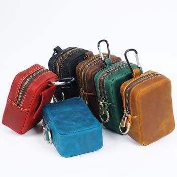 Dark Green Genuine Leather Belt Pouch - Mini Waist Bag with Zipper and Carabiner
