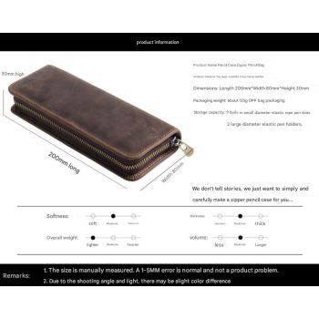 Brown Genuine Leather Pencil Case - Vintage Zip-Up Pen Holder with Elastic Loops