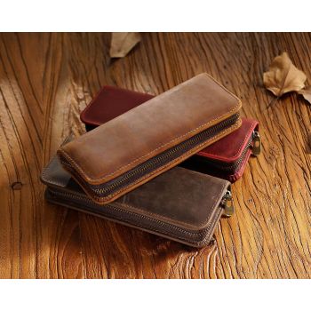 Dark Green Genuine Leather Pencil Case - Vintage Zip-Up Pen Holder with Elastic Loops