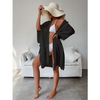 Black Summer Beach Cover-Up- Bamboo Cotton Sun Protection Cardigan