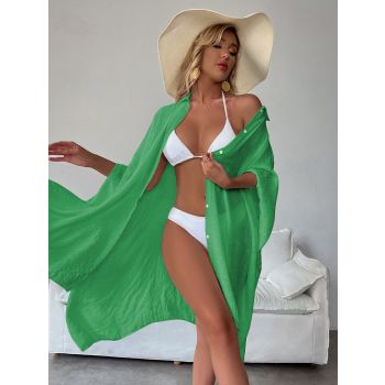 Green Summer Beach Cover-Up- Bamboo Cotton Sun Protection Cardigan