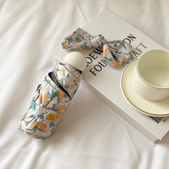 Yellow And Green Floral Mini 5-Fold Umbrella - Portable, Anti-UV, Black Glue Coating