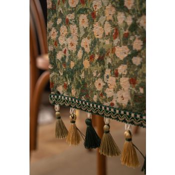 Floral Table Runner with Tassels - Jacquard Green Farmhouse Style (33x300cm)