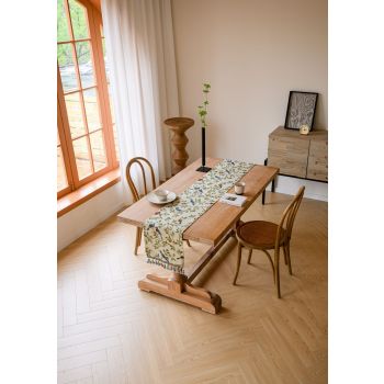 Birds & Branch Table Runner - Jacquard Woven Beige with Tassels(33X200CM)